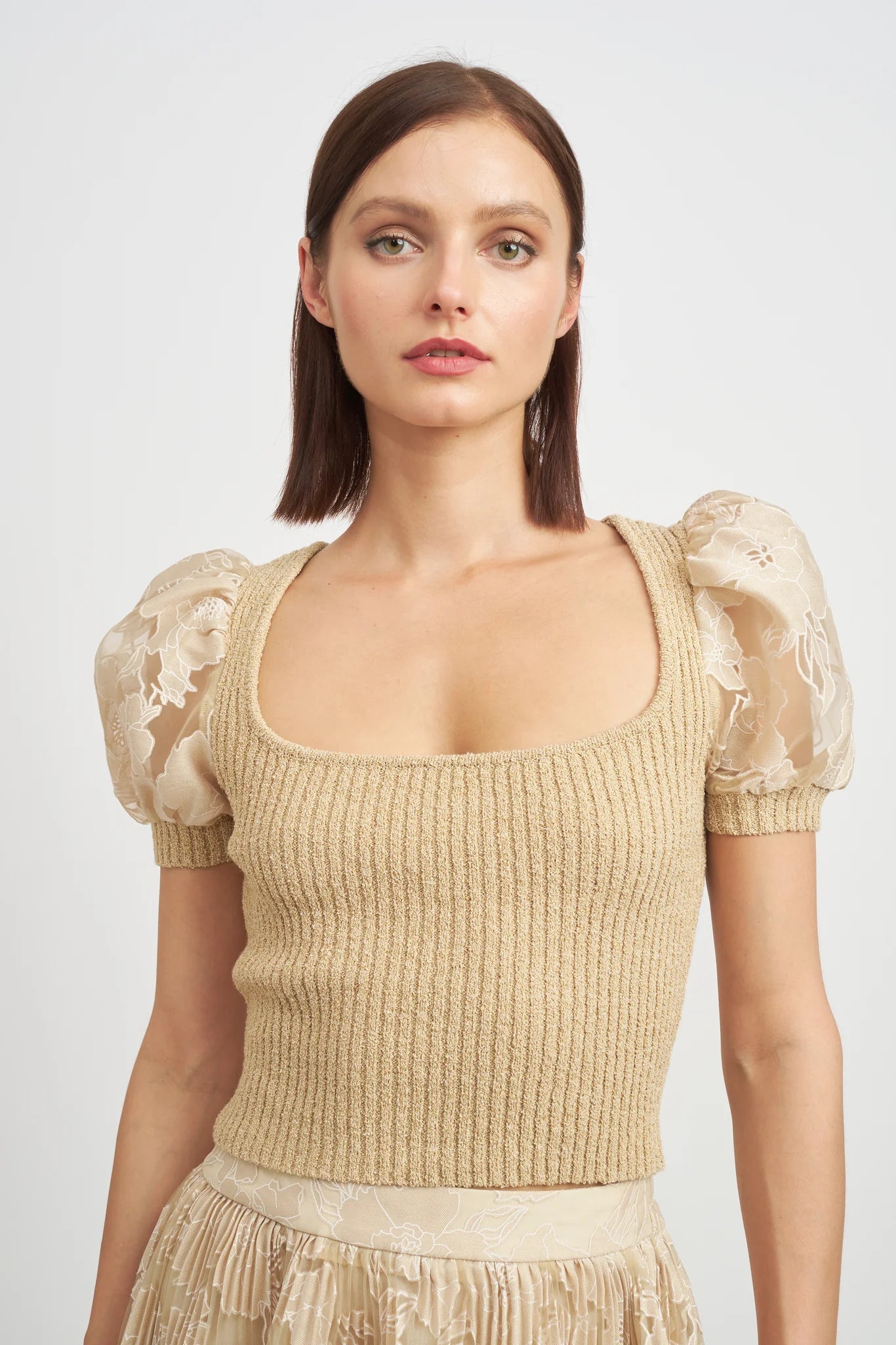 En Saison Puff Sleeve Mixed Media Top FREE SHIPPING The TLB