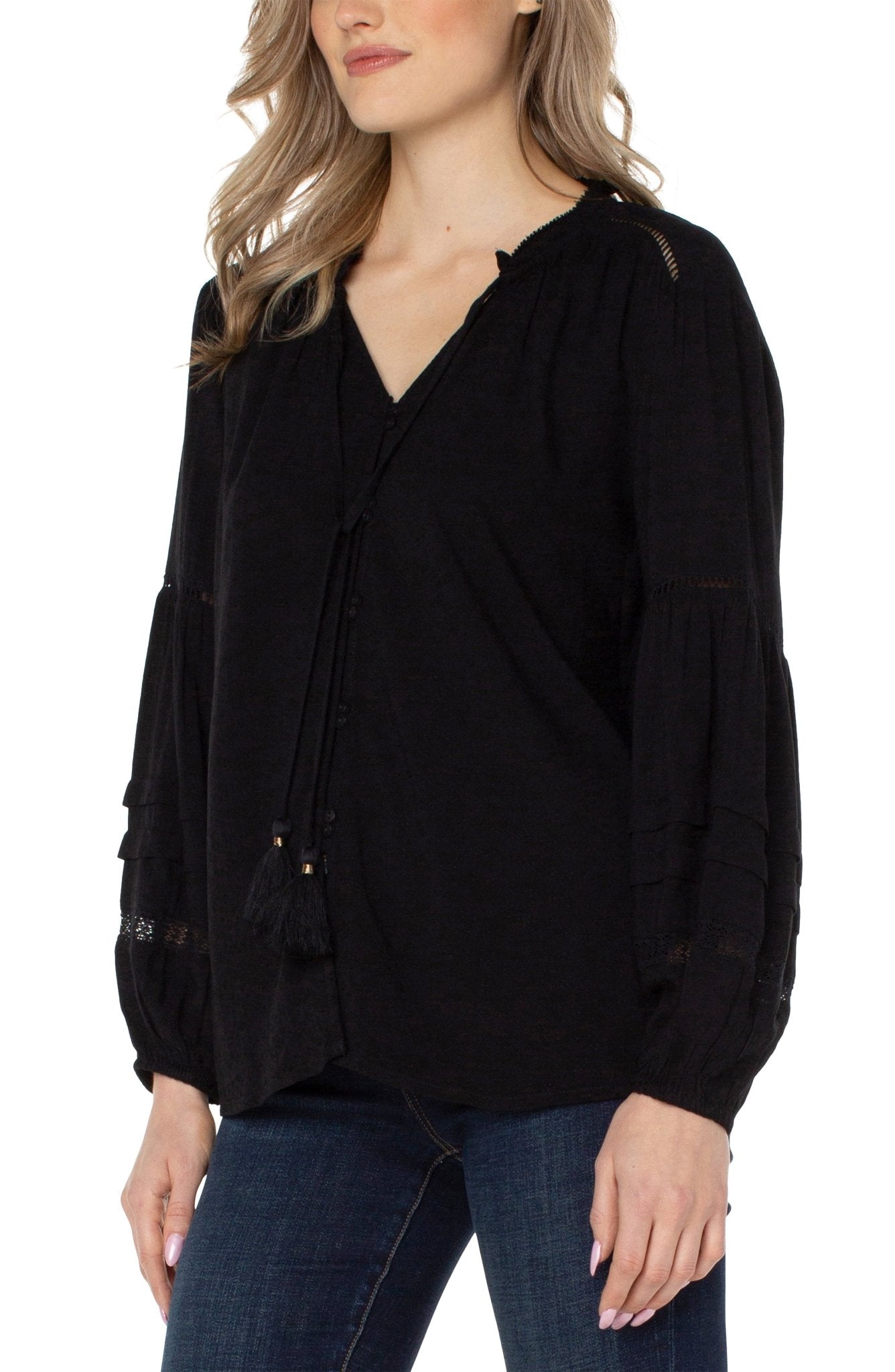 Liverpool V-Neck Long Sleeve Popover Shirred BlouseBlouse