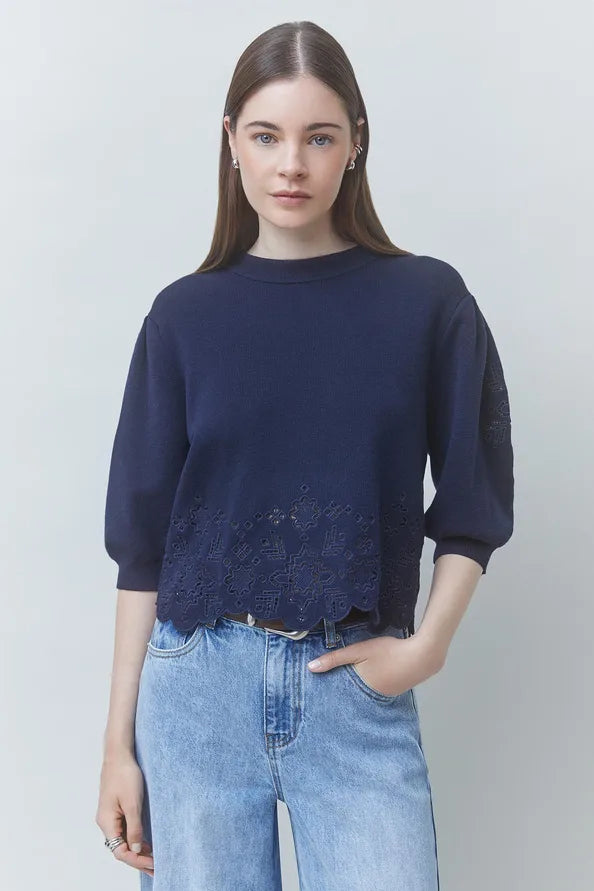 Parvi Short Sleeve Open Stitch Knit Top