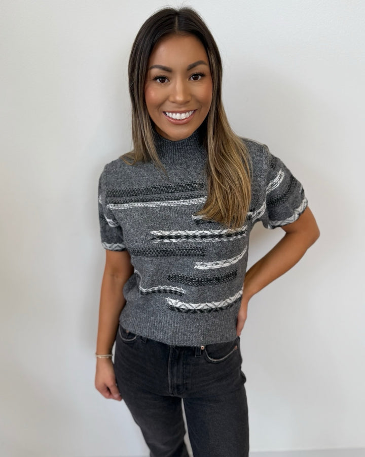 Dakota Striped Short Sleeve Mock Neck Knit
