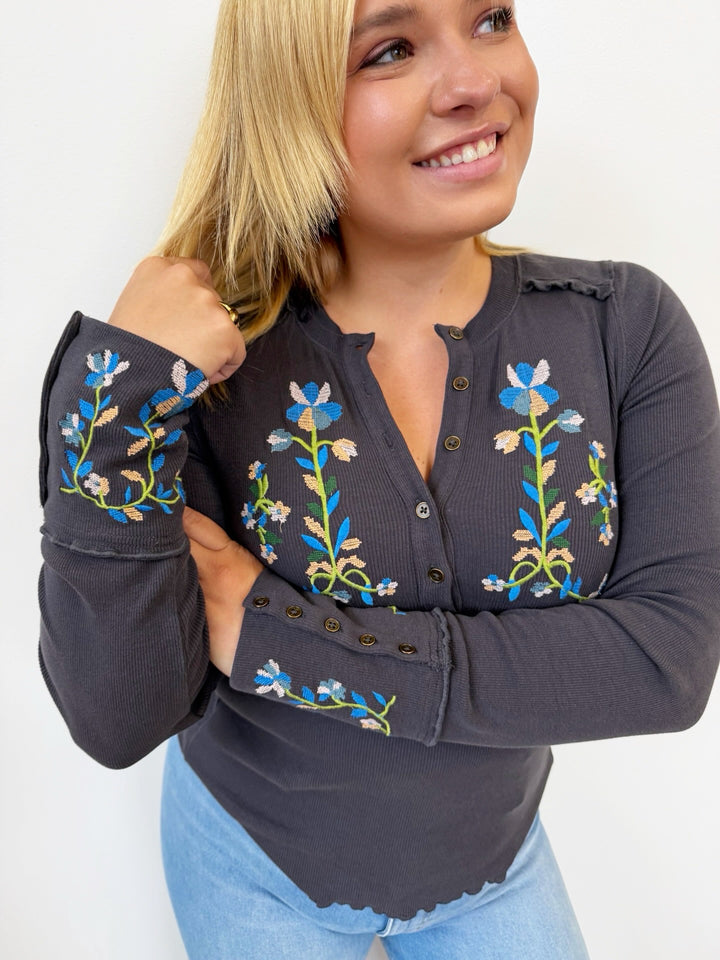 Free People Fleur Embroidered Cuff Henley Top