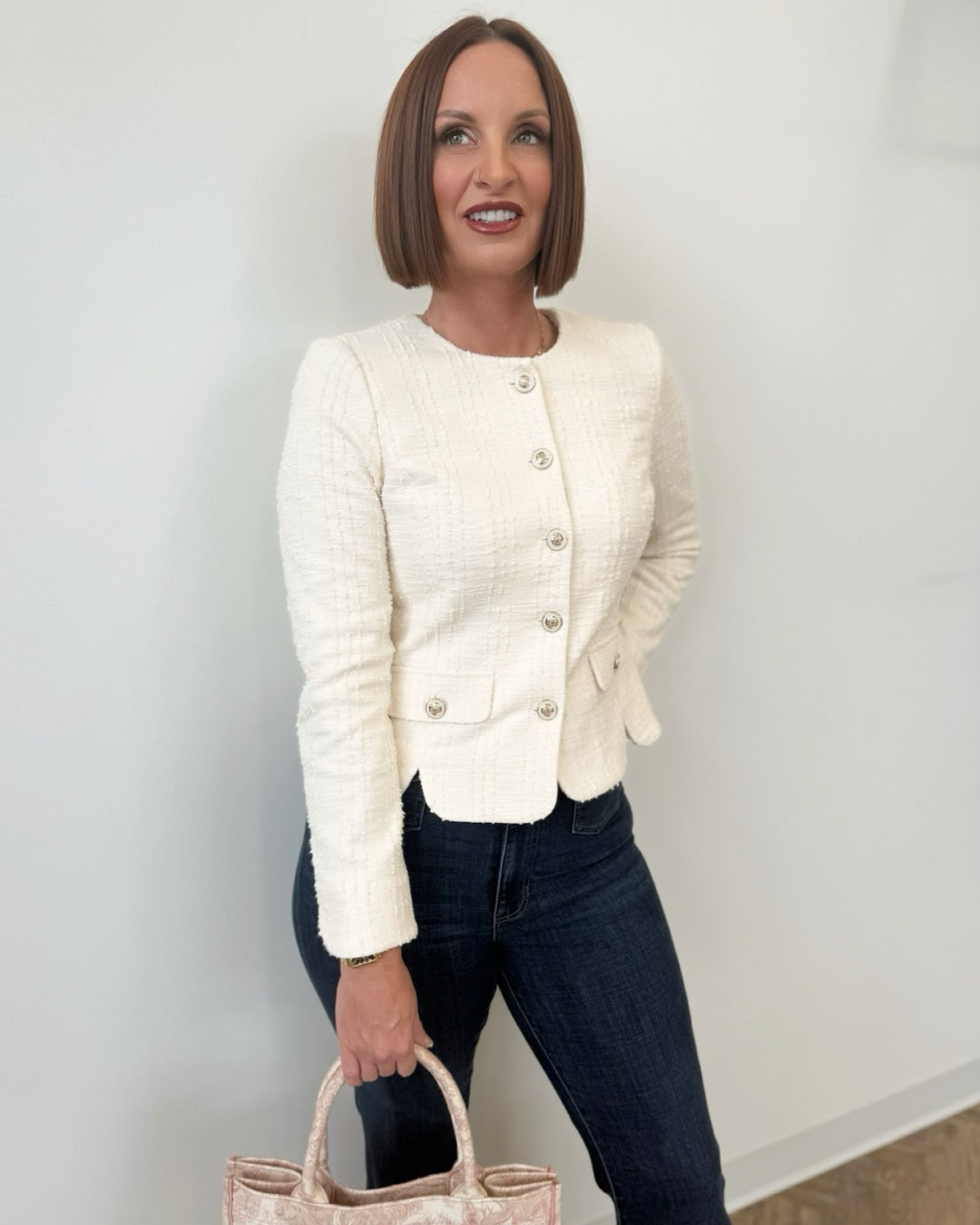 Liverpool Collarless Jacket with Scallop Detail