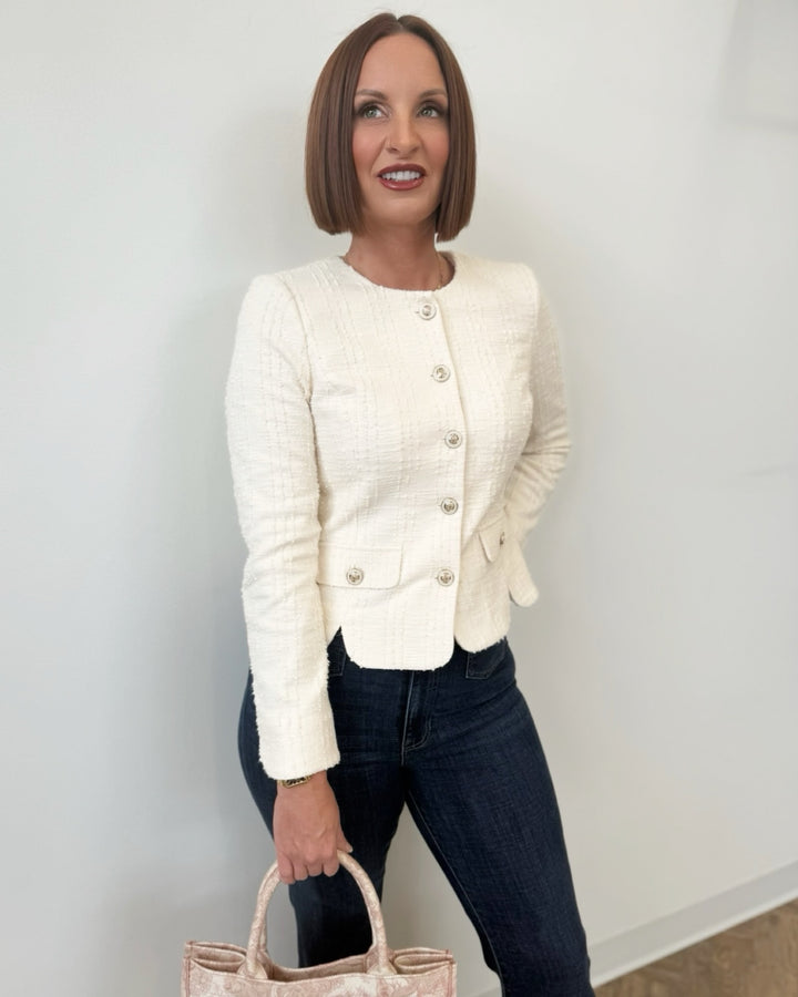 Liverpool Collarless Jacket with Scallop Detail