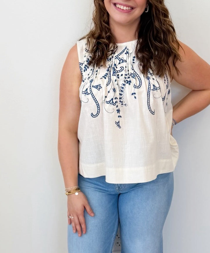 Liverpool Sleeveless Boatneck Woven Top