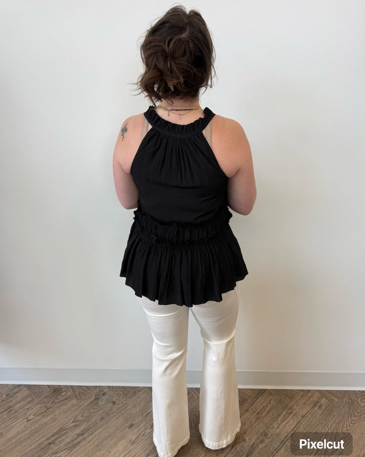 Liverpool Sleeveless Woven Top with Ruffles