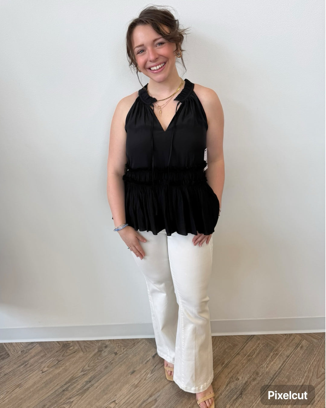 Liverpool Sleeveless Woven Top with Ruffles