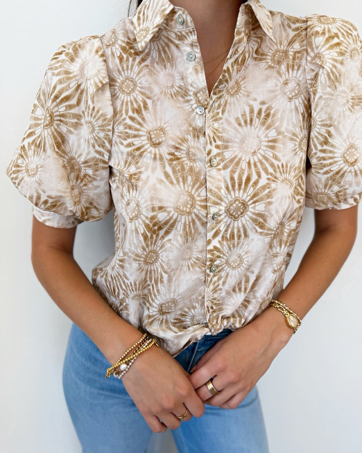 Liverpool Puff Sleeve Button Front Woven Top with Twist