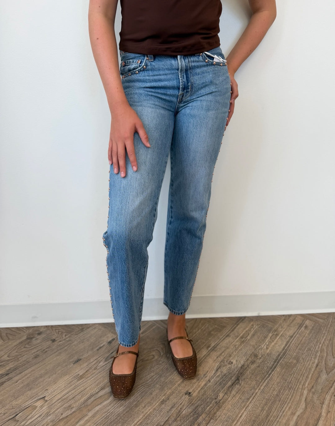 Pistola Lexi Mid Rise Bowed Straight Leg Denim in Star Studded