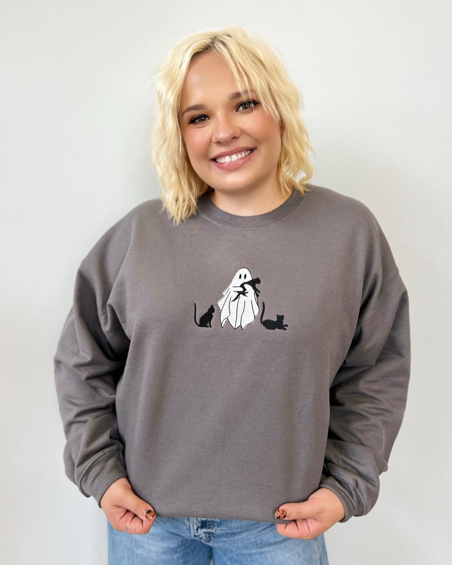 Cat Lover Ghost Embrodiered Crewneck