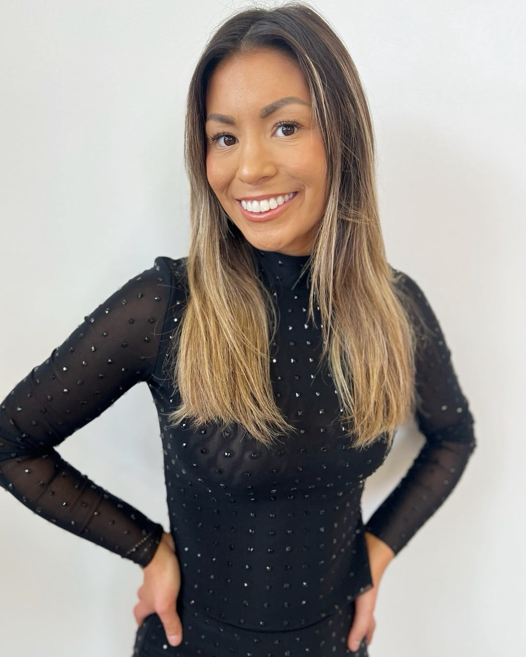 Natasha Mesh Long Sleeve Top with Rhinestones