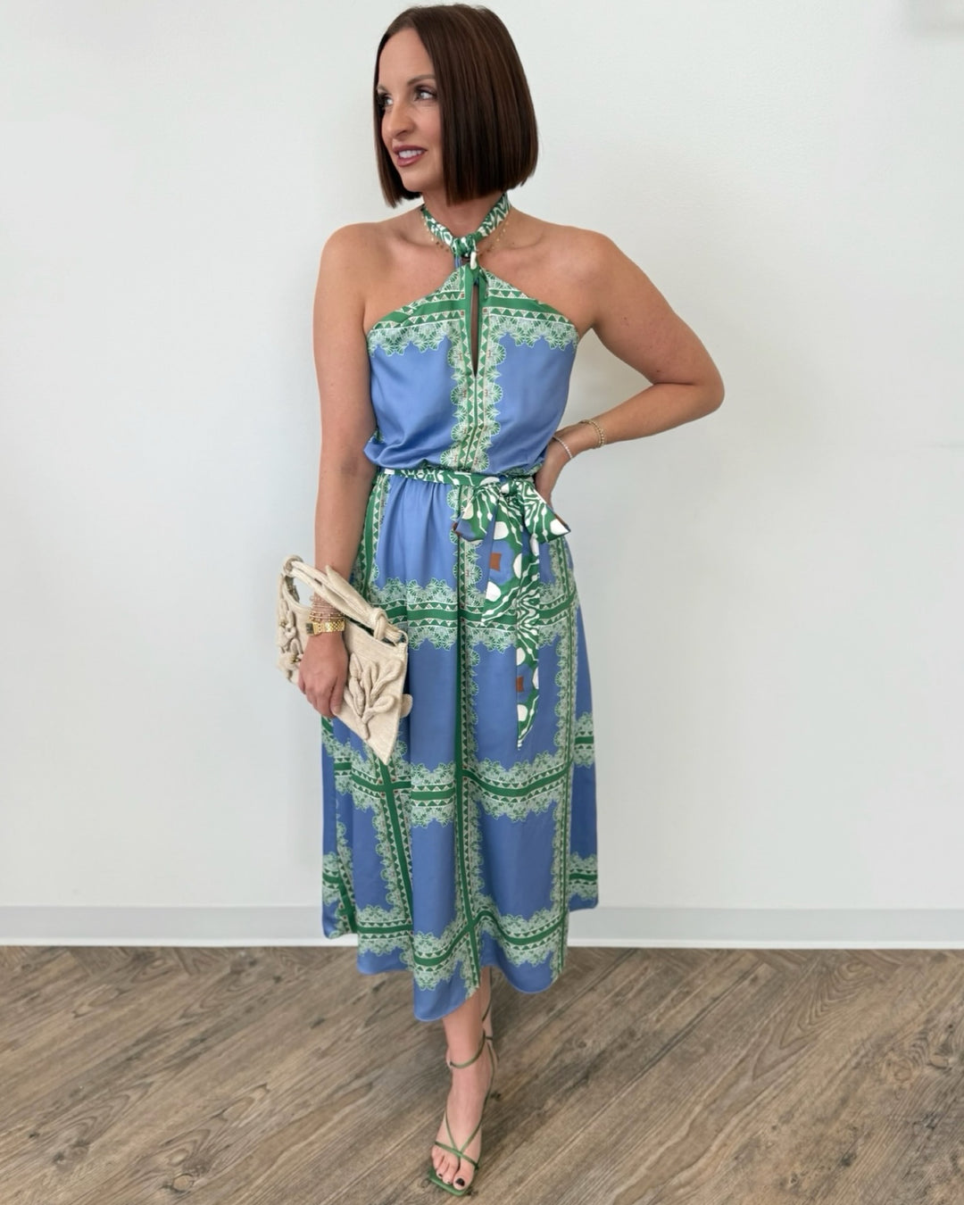 Iliana Halter Printed Midi Dress with Belted Waist