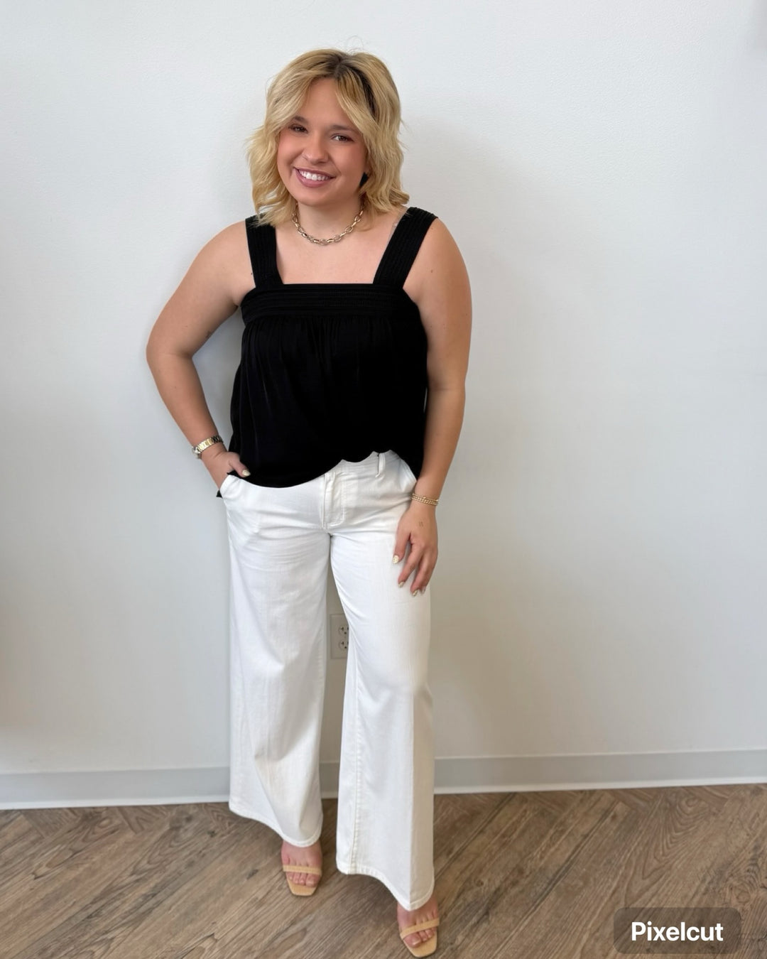 Liverpool Sleeveless Woven Top with Pintuck Straps