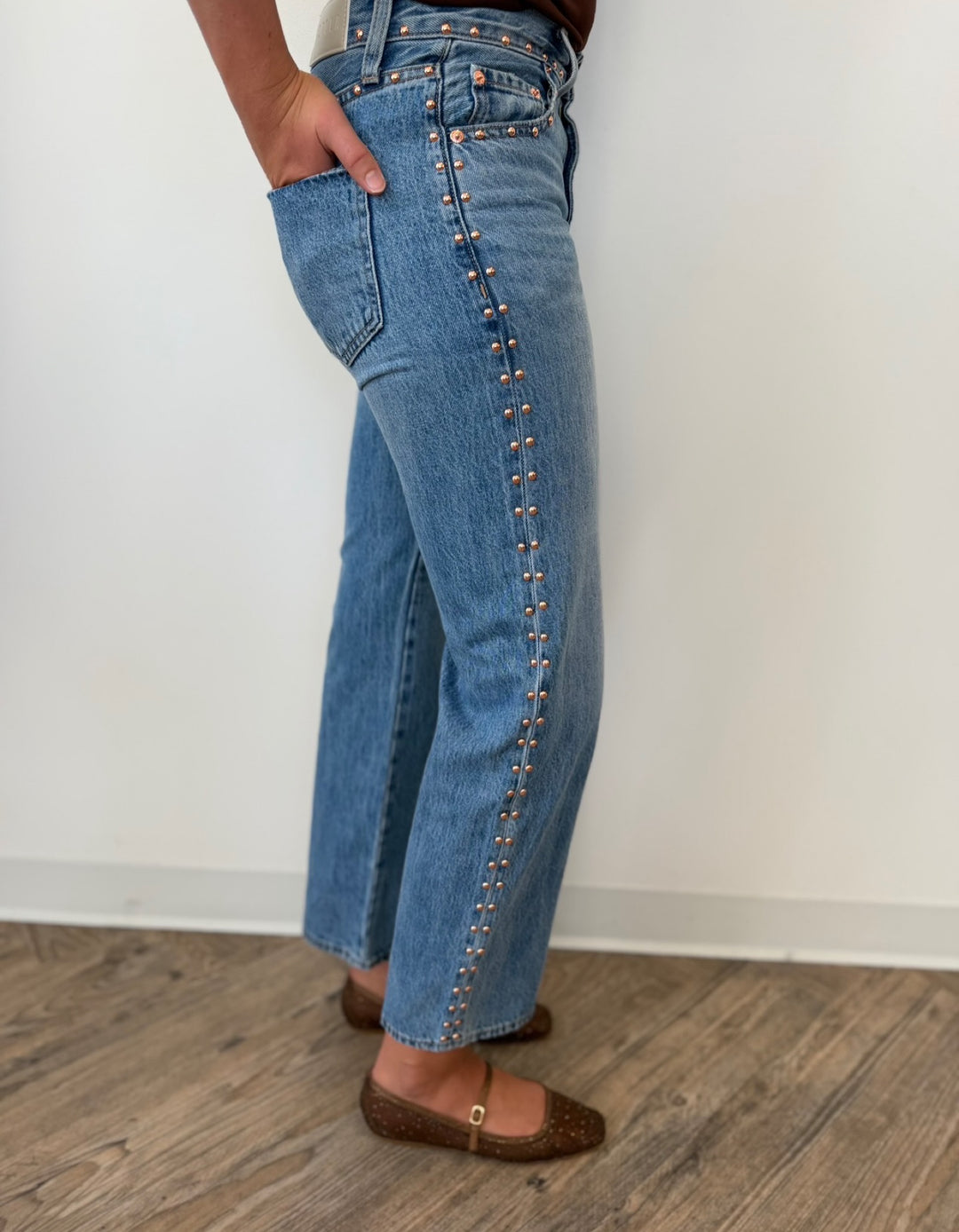 Pistola Lexi Mid Rise Bowed Straight Leg Denim in Star Studded