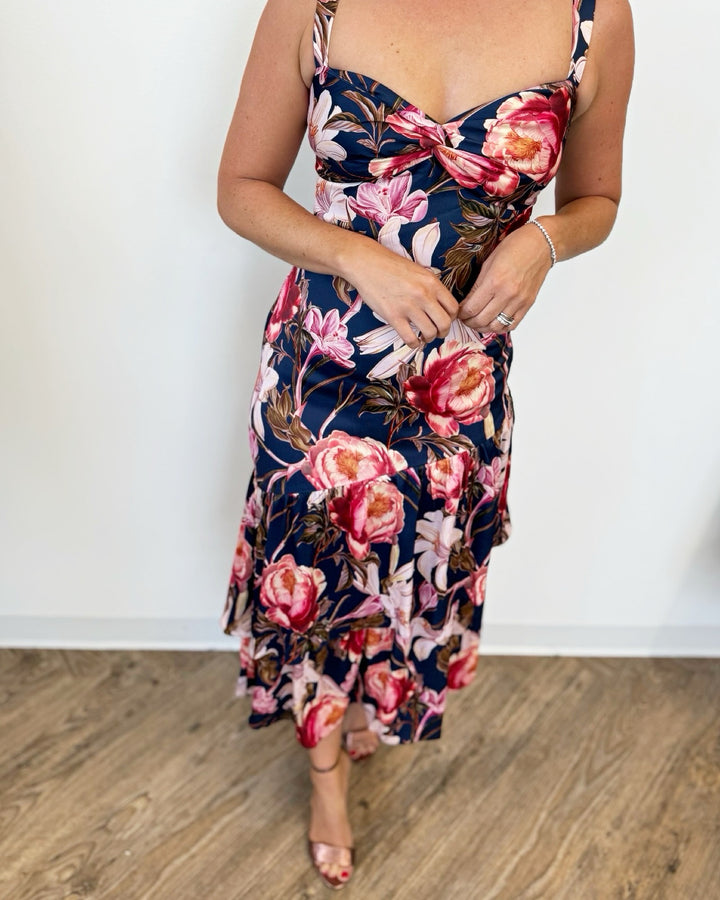 Huda Tiered Ruffled Floral Midi Dress