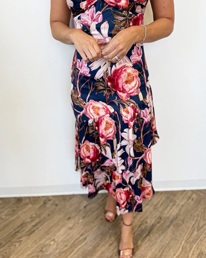 Huda Tiered Ruffled Floral Midi Dress