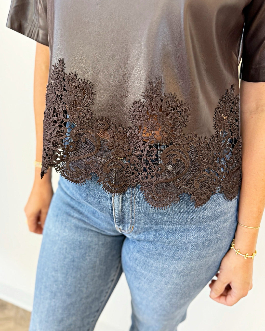 London Faux Leather Short Sleeve Top with Lace Trim