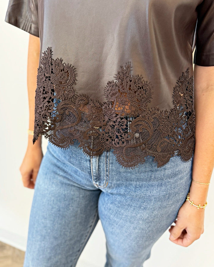 London Faux Leather Short Sleeve Top with Lace Trim