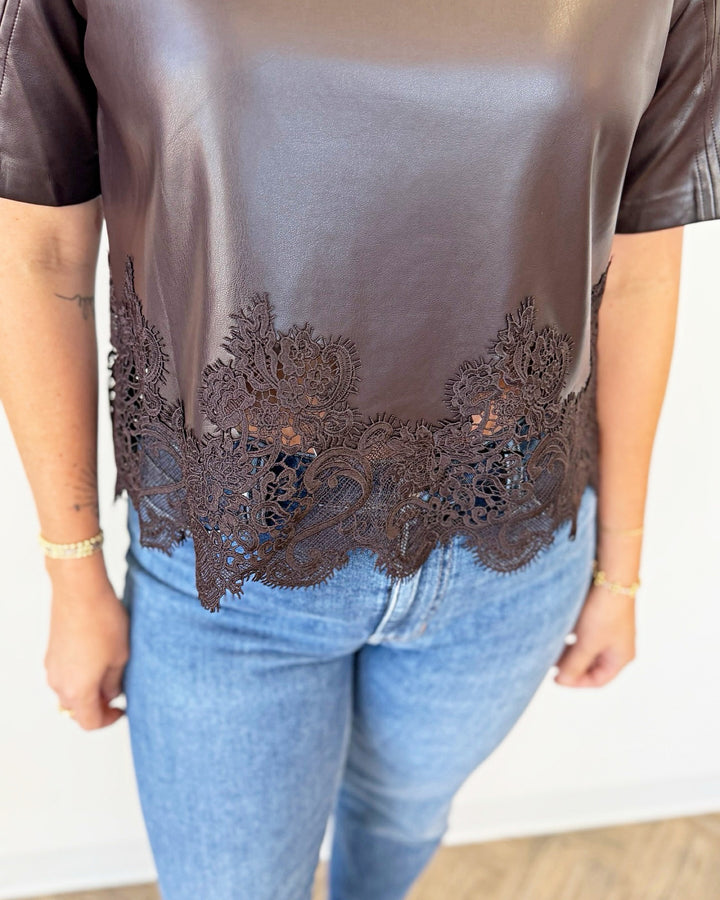 London Faux Leather Short Sleeve Top with Lace Trim