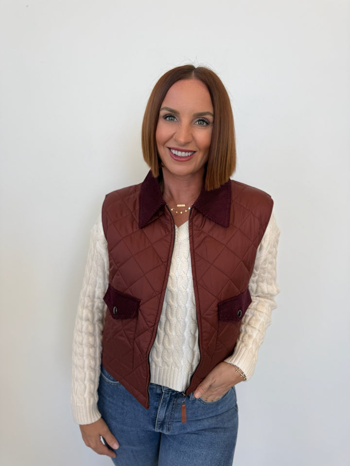 Djess Quilted Vest with Velvet Trim