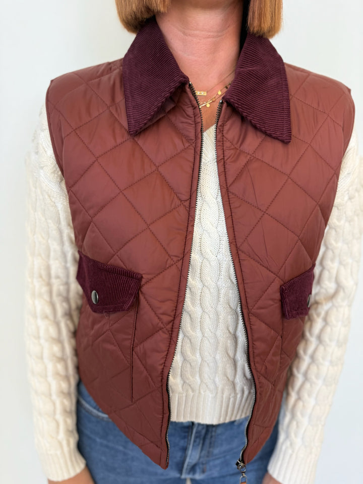 Djess Quilted Vest with Velvet Trim