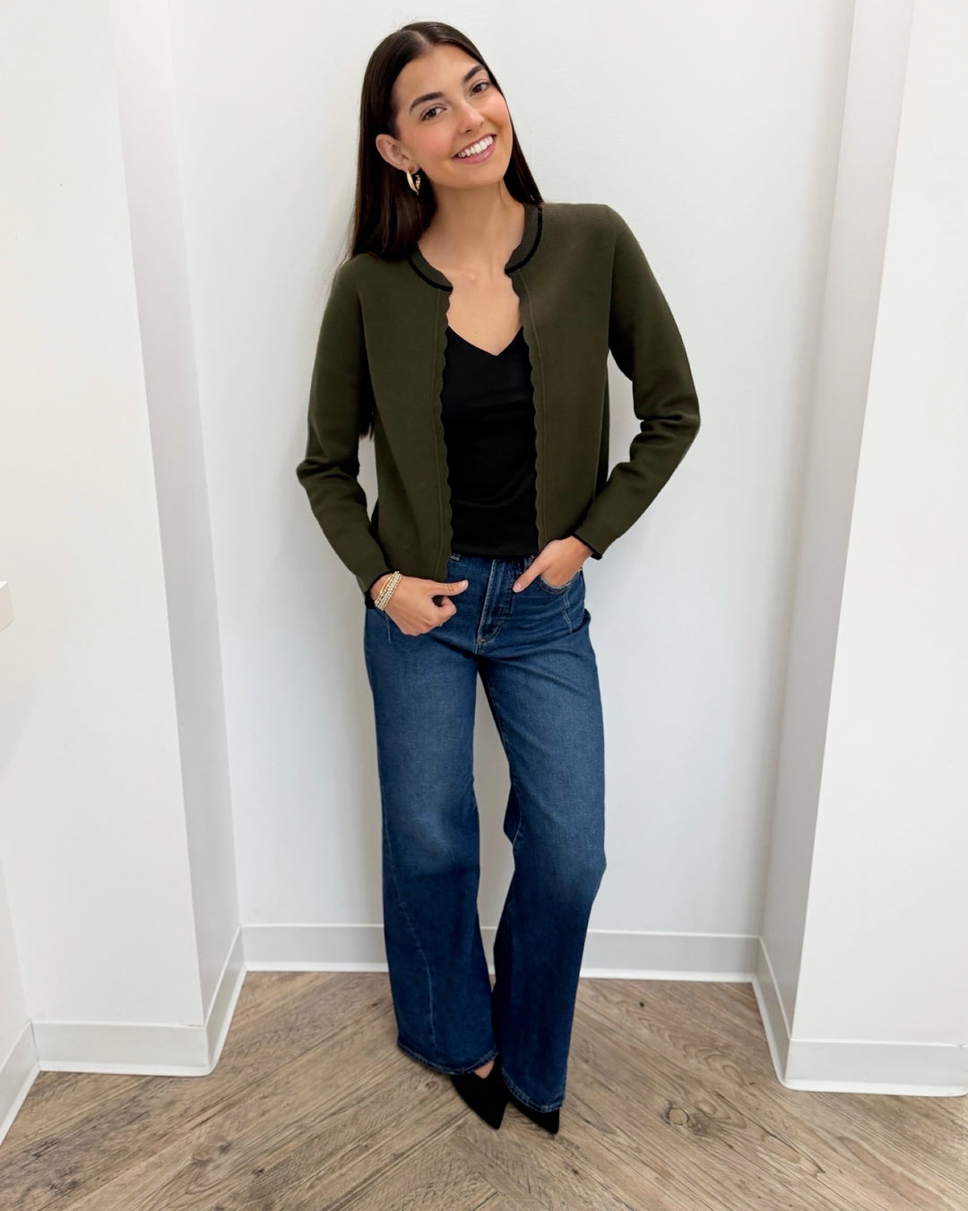 Zoellie Long Sleeve Cardigan with Scallop Trim