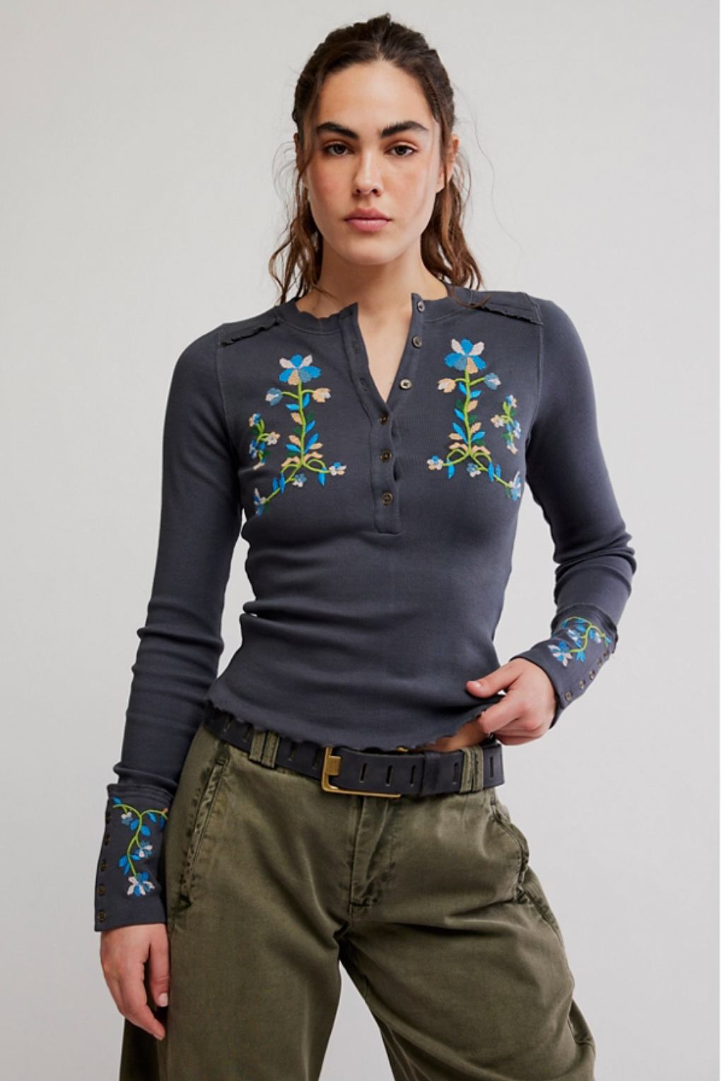 Free People Fleur Embroidered Cuff Henley Top