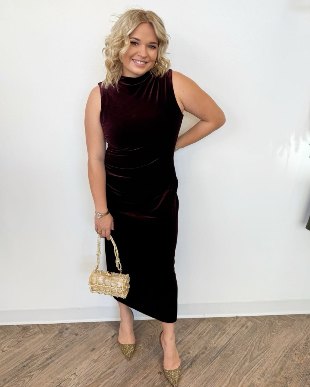 Atonia Ruched Velvet Midi DressDress