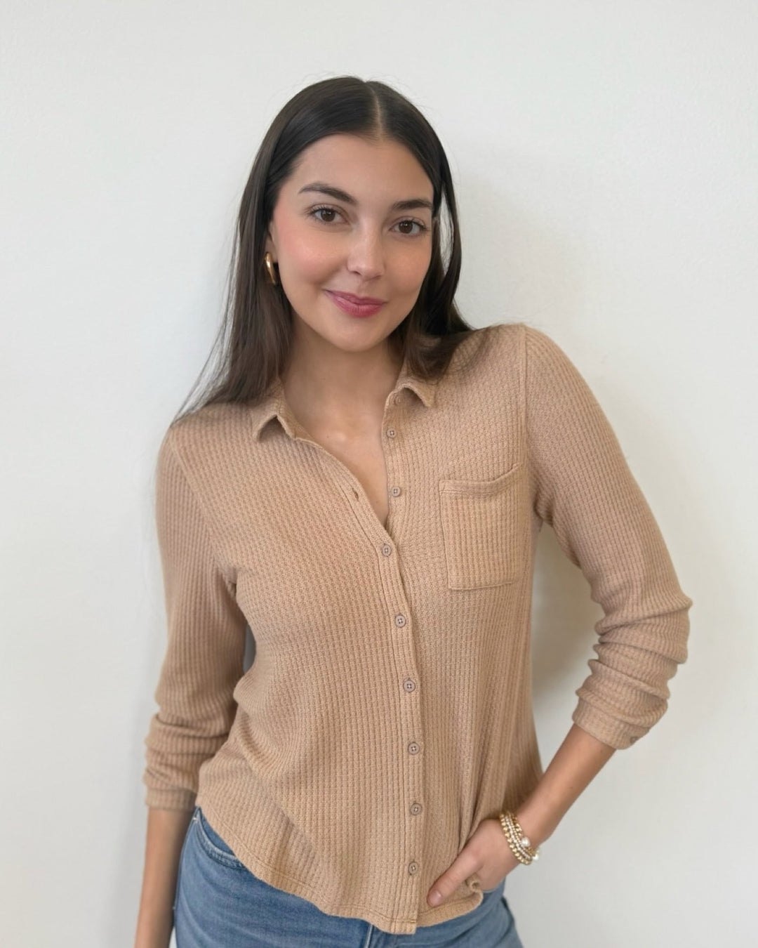 Baylor Waffle Knit Button Down Topbutton down shirt