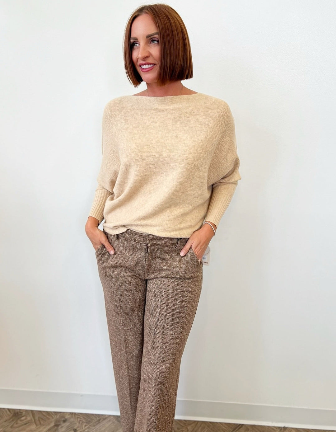 Besette Long Sleeve Knit with Boat Neckline
