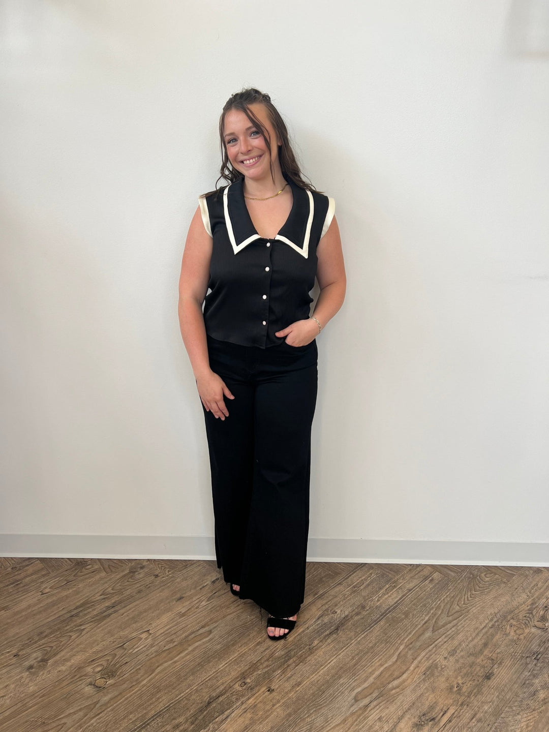 Britton Collared Top with Silver Buttonstop