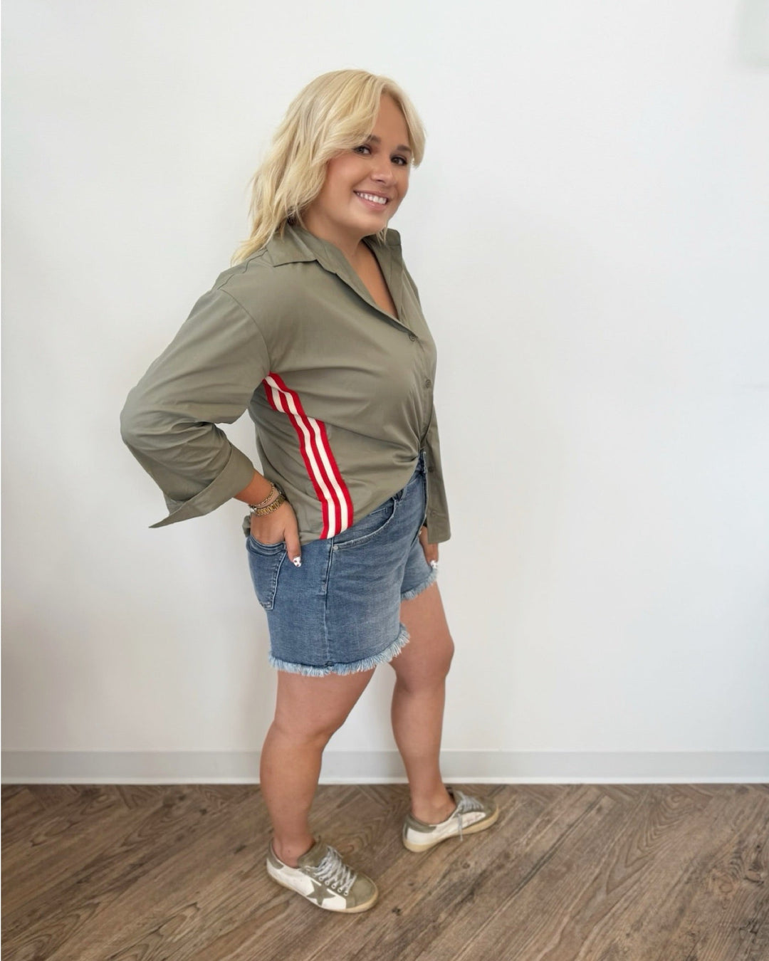 Colette Sporty Button Down Top with Stripe DetailTop