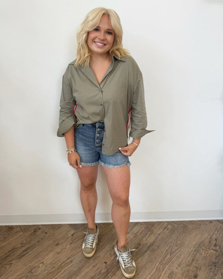 Colette Sporty Button Down Top with Stripe DetailTop