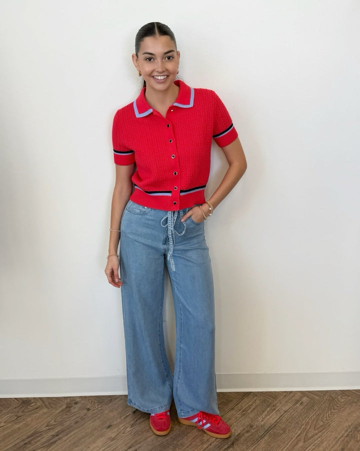 Dania Pointelle Polo Pullovershort sleeve knit