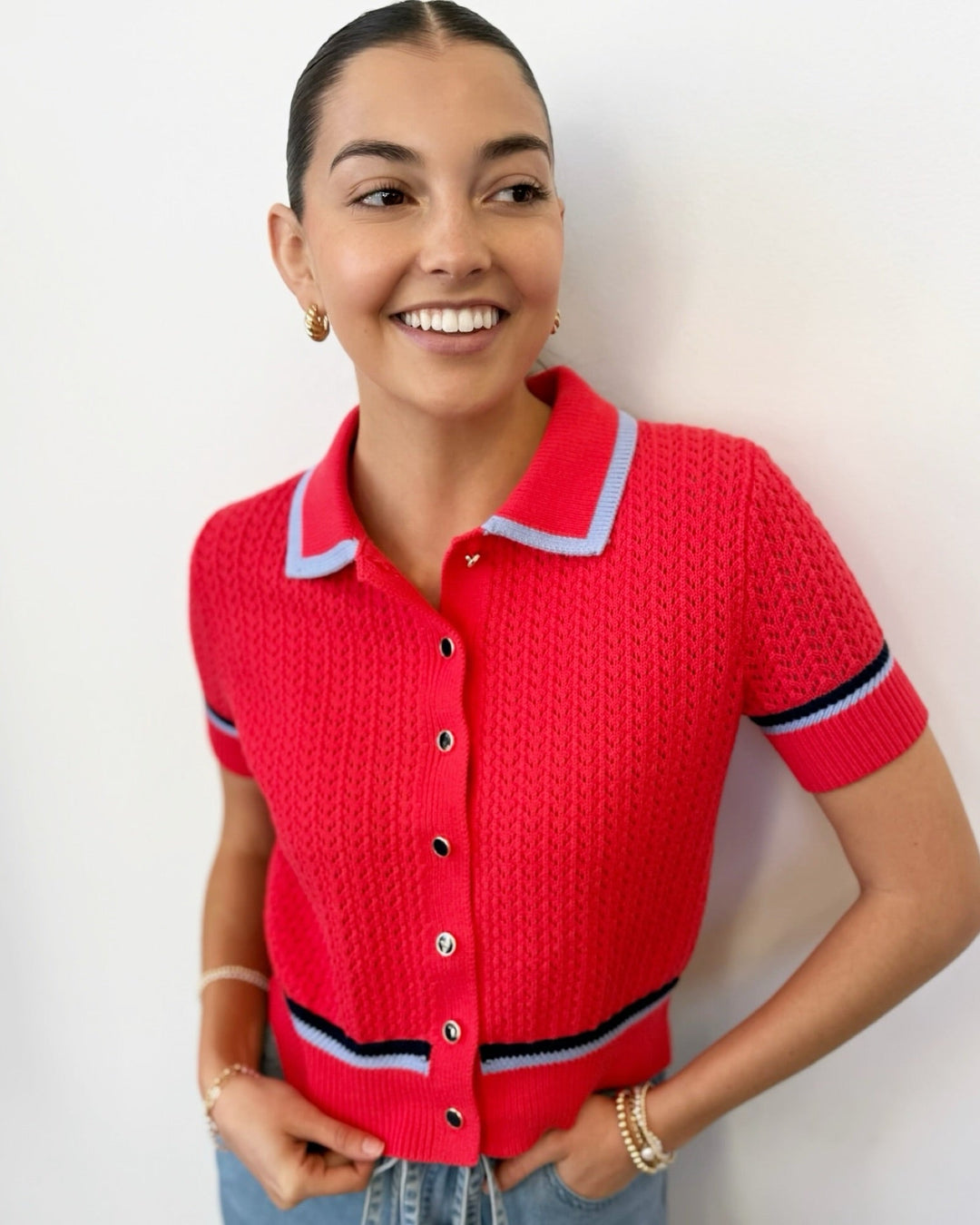 Dania Pointelle Polo Pullovershort sleeve knit