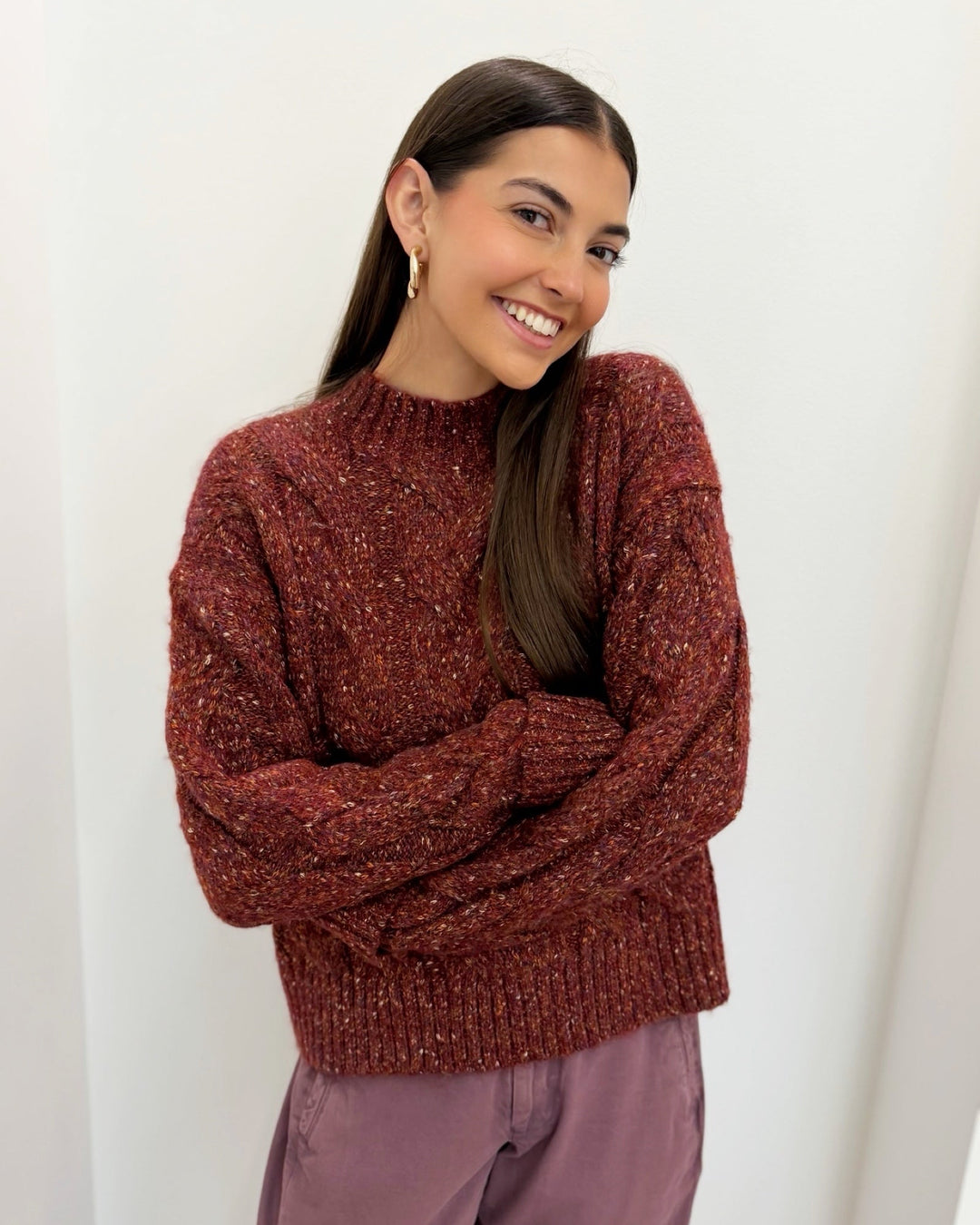 Dear John Yvette Mock Neck Sweater with Cable Knitlong sleeve knit