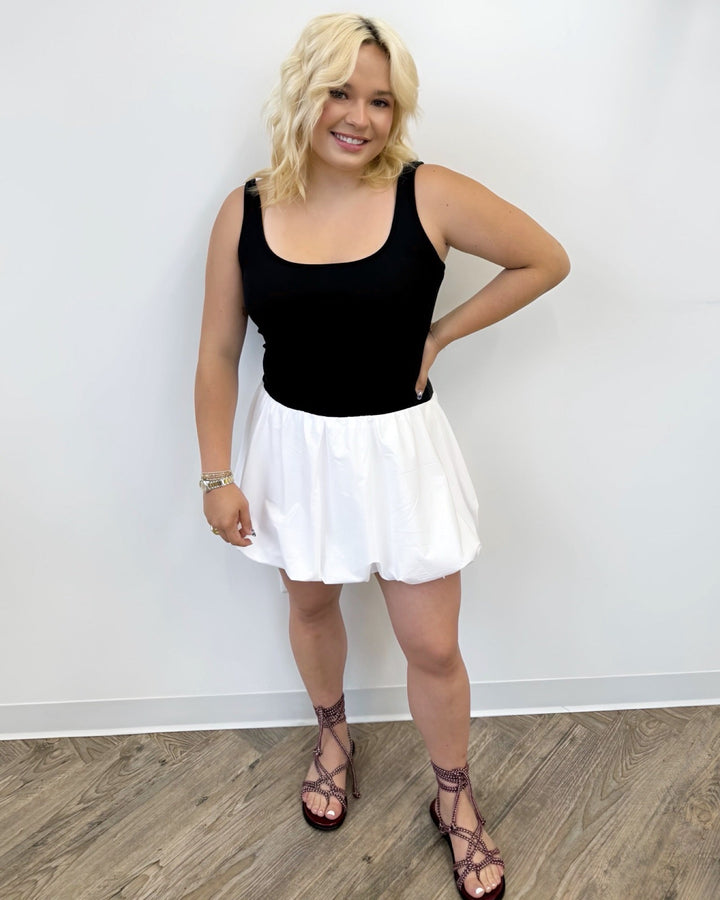 Dion Mixed Media Mini Dress with Bubble HemDress