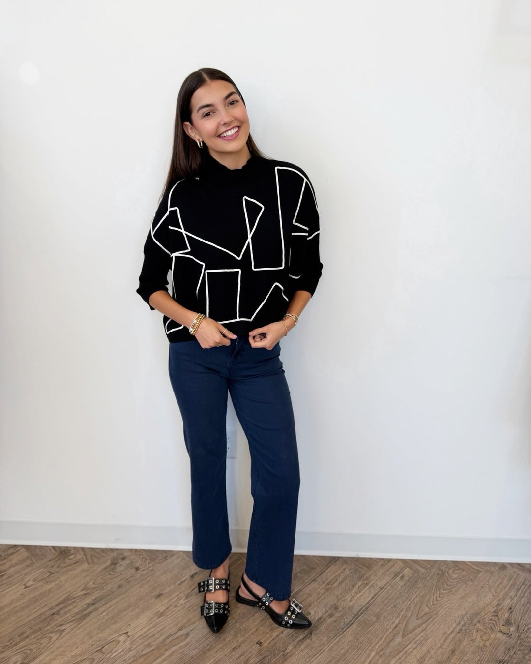 Ellis Abstract Stitched Mock Neckknit sweater