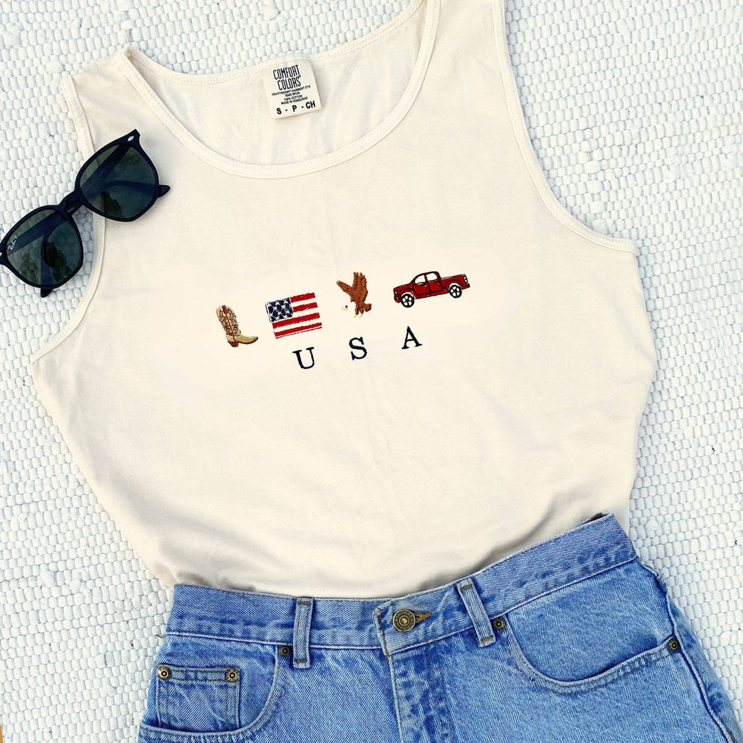 Embroidered USA Icons Comfort Colors Tank Top