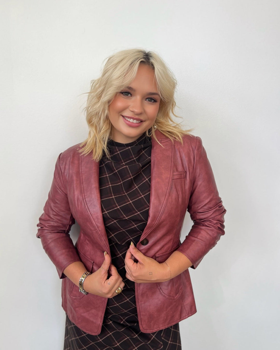 Essie Faux Leather Blazer with Ruched SleevesBlazer