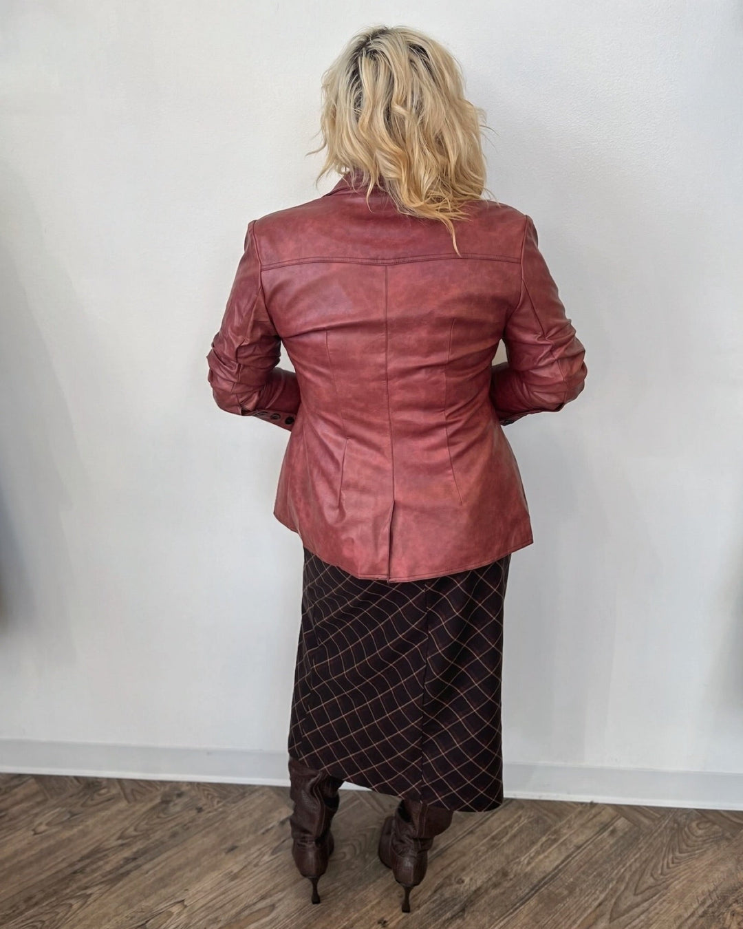 Essie Faux Leather Blazer with Ruched SleevesBlazer