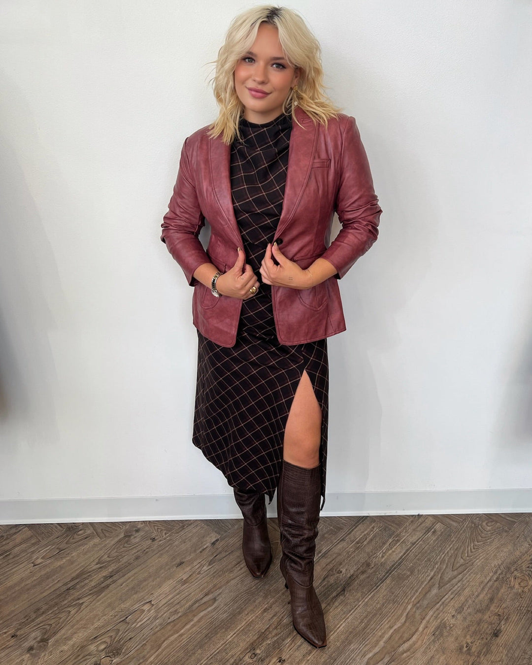 Essie Faux Leather Blazer with Ruched SleevesBlazer