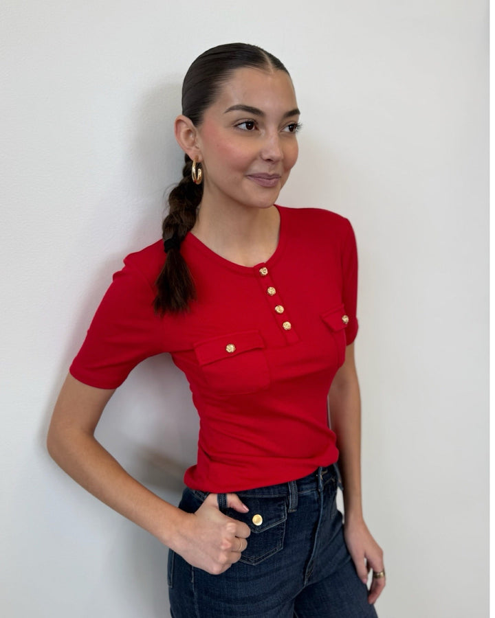 Eva Short Sleeve Ribbed Top with Gold Hardwareshort sleeve top
