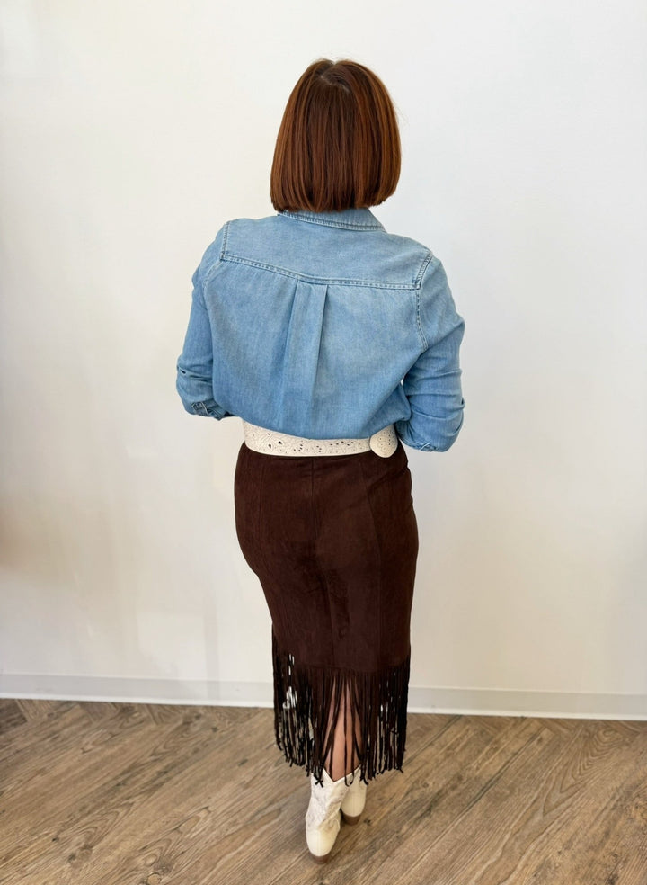 Faith Midi Suede Fringe SkirtMidi Skirt
