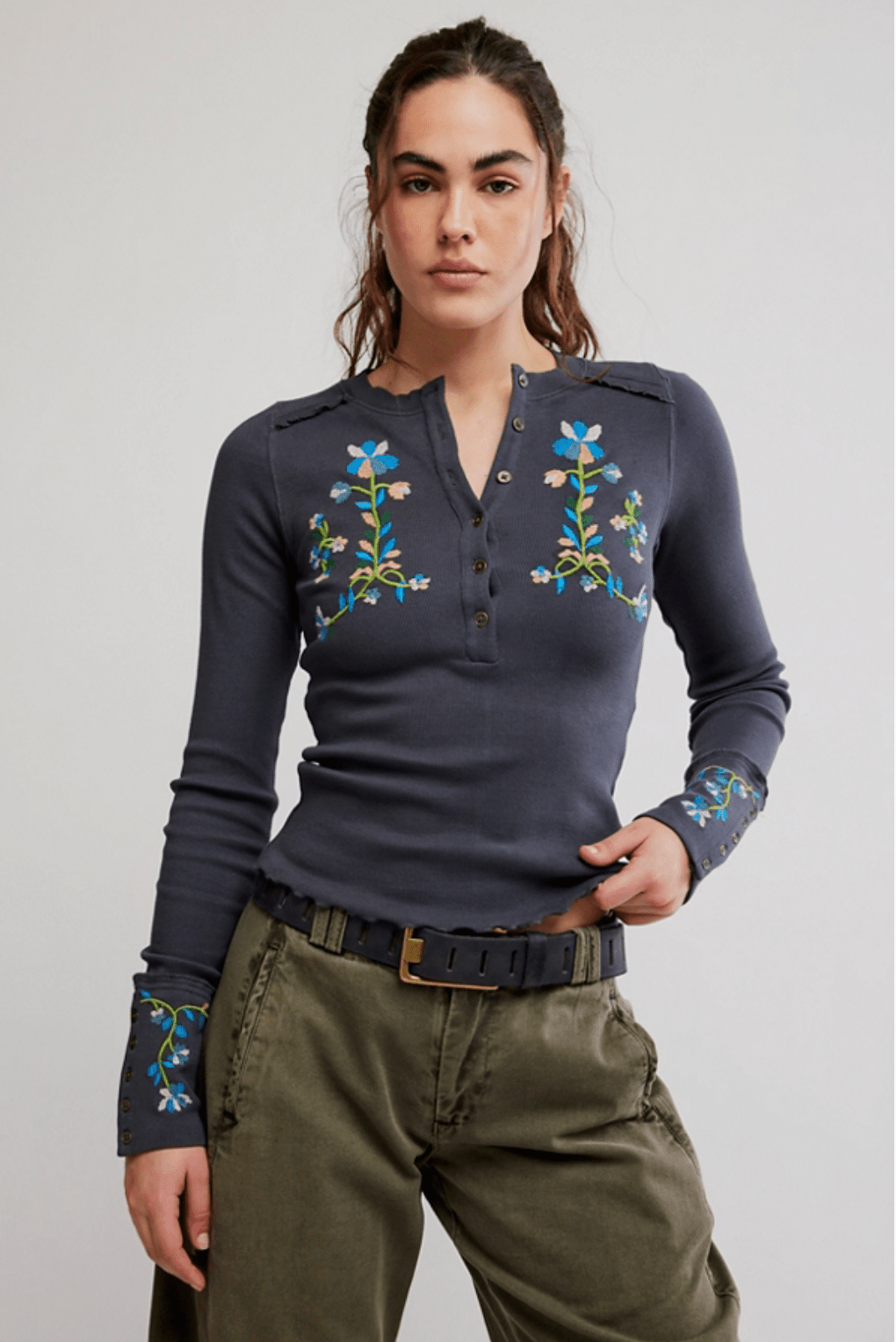Free People Fleur Embroidered Cuff Henley Toplong sleeve top