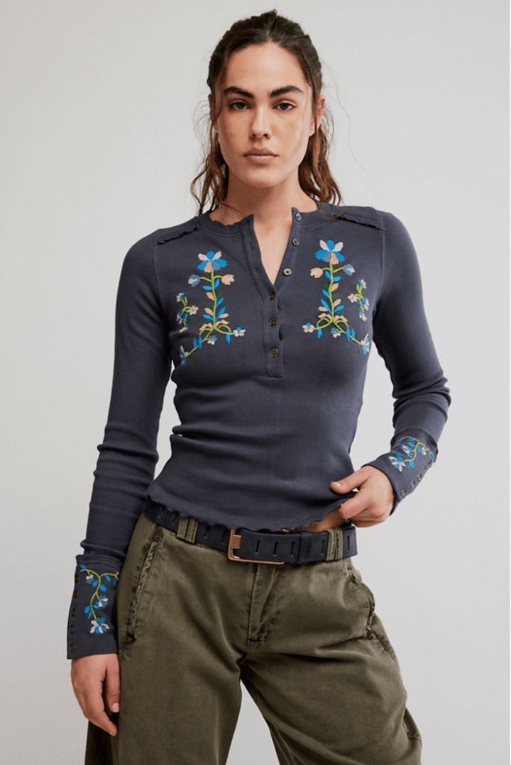 Free People Fleur Embroidered Cuff Henley Toplong sleeve top