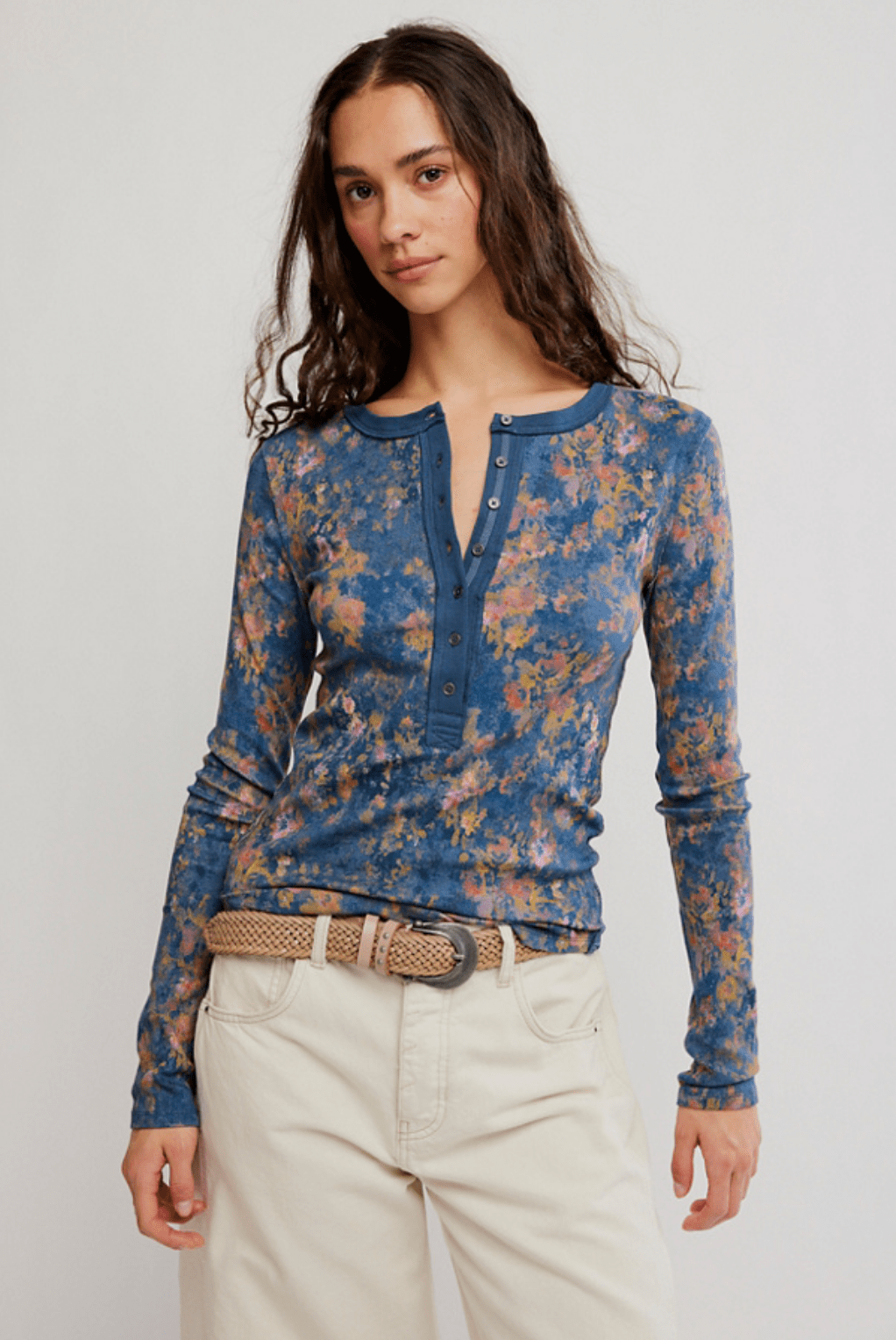 Free People Jamie Printed Henley Toplong sleeve top