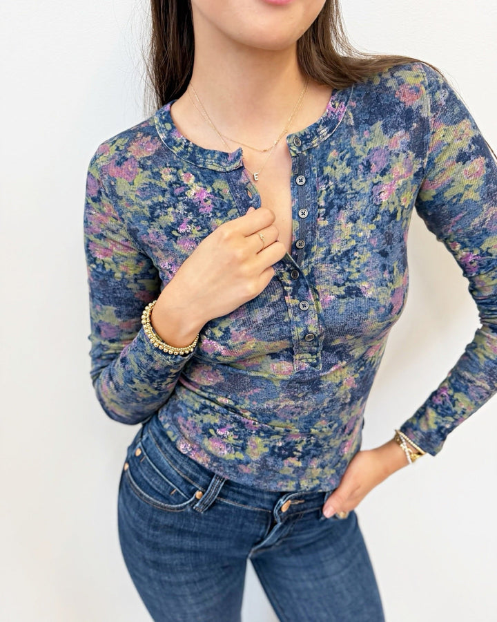 Free People Jamie Printed Henley Toplong sleeve top