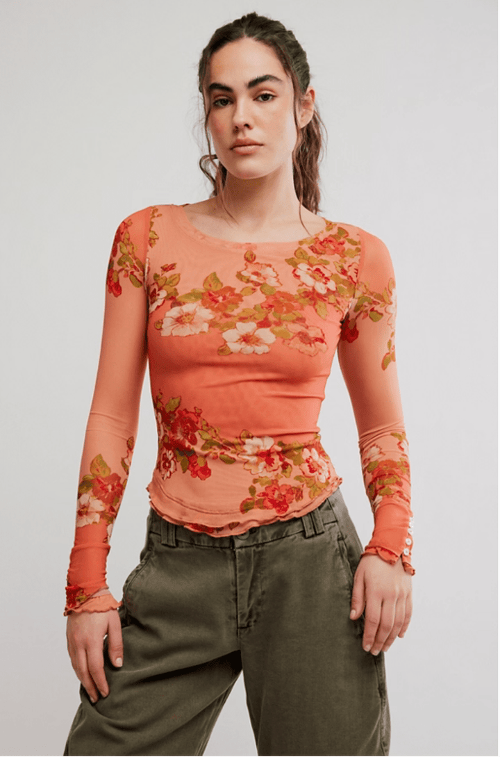 Free People Lilly Printed Long Sleeve Toplong sleeve mesh top