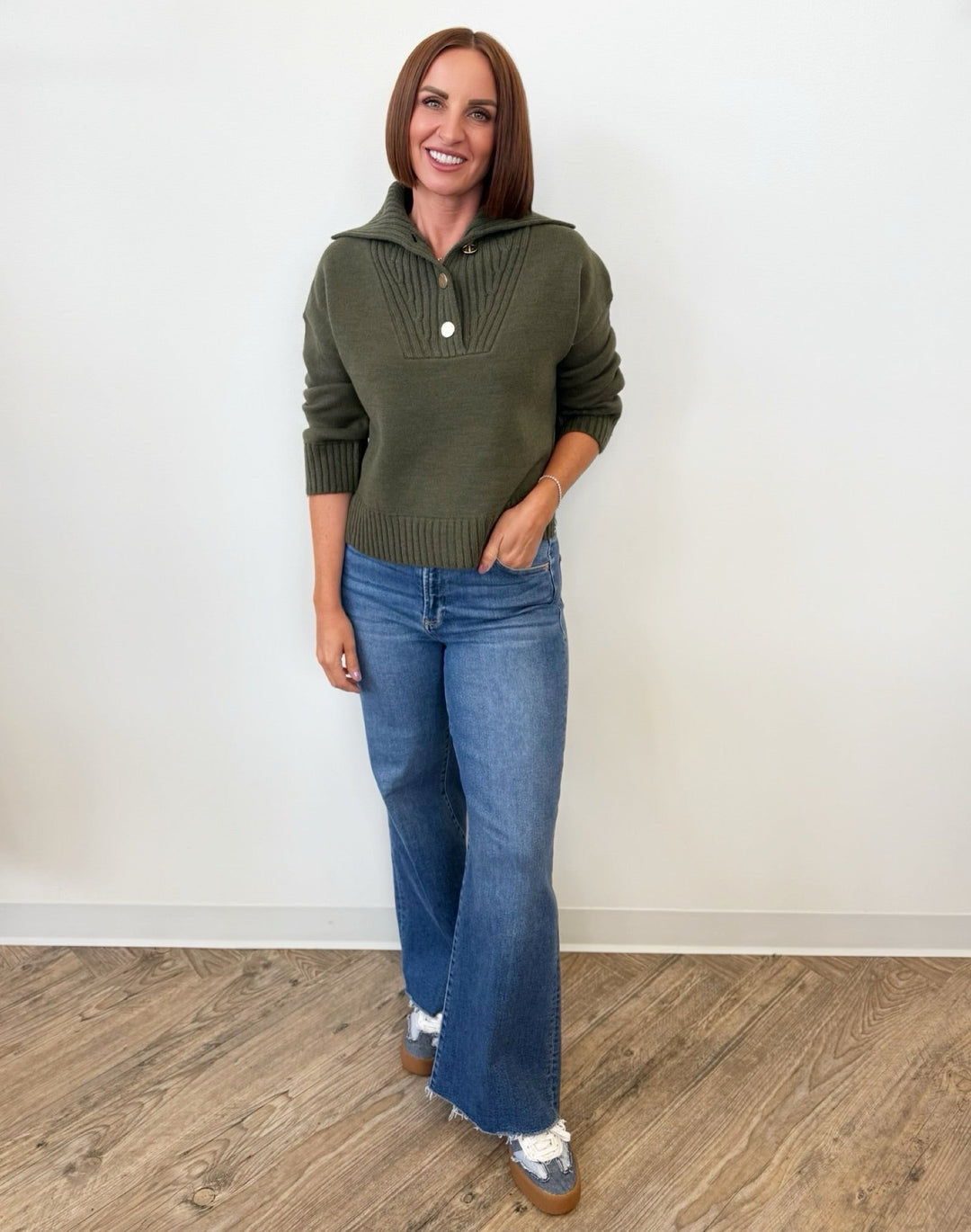 Hallie Embellished 3/4 Quarter Button DownSweater
