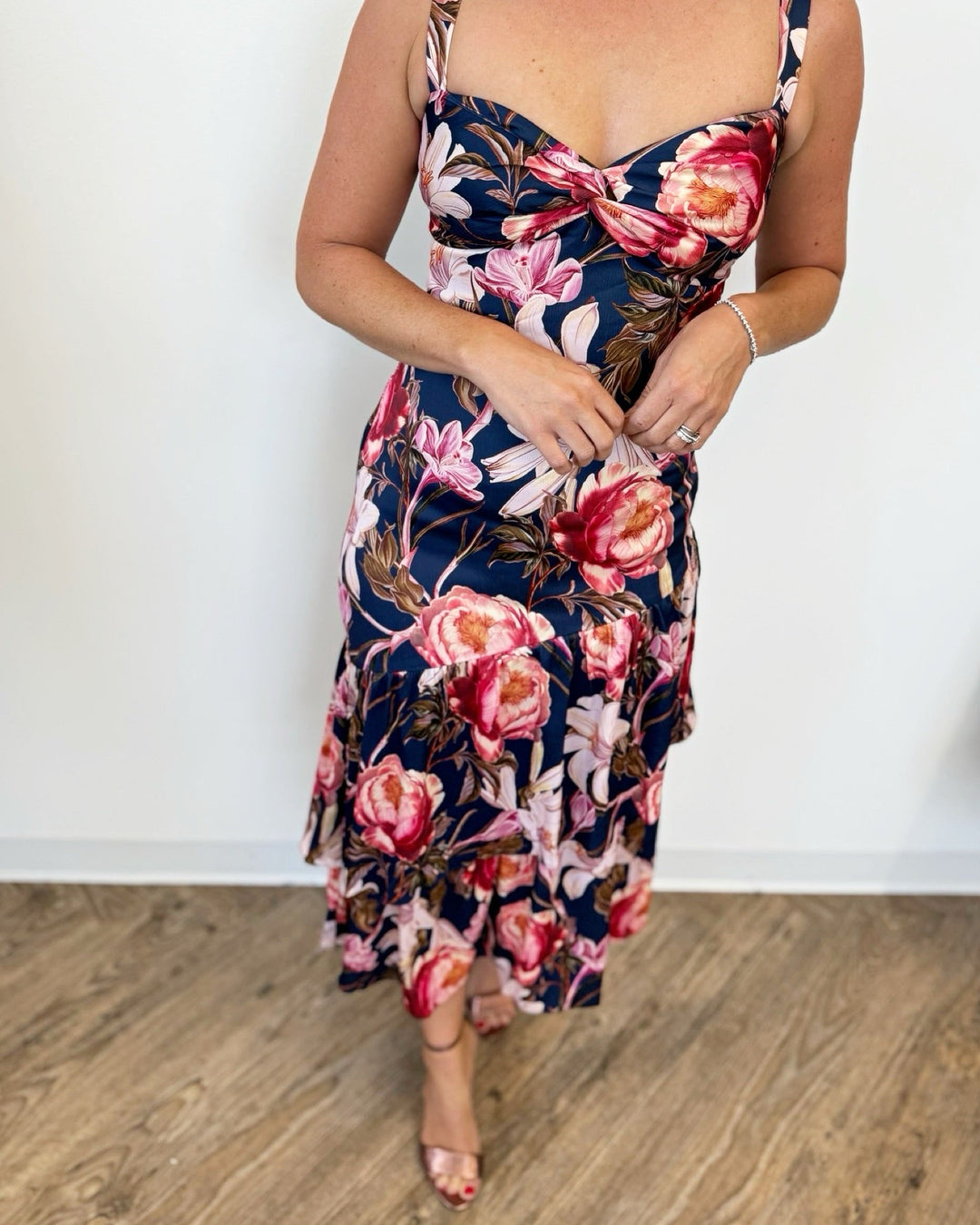 Huda Tiered Ruffled Floral Midi DressMidi Dress